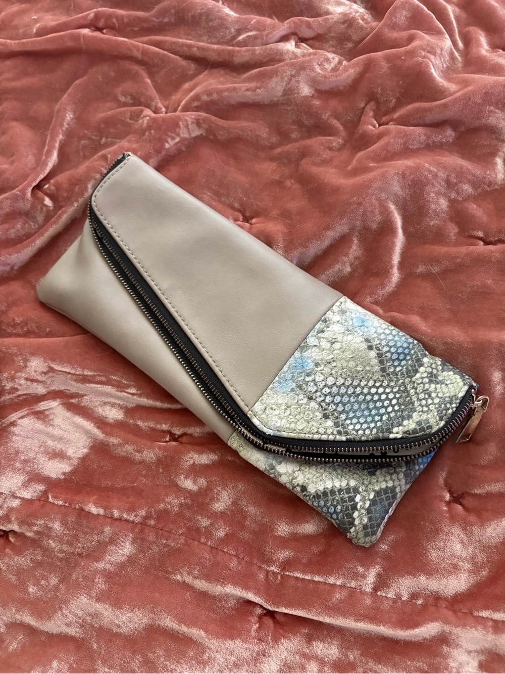 Dolce Vita Taupe Fold-Over Clutch with Snakeskin Accent